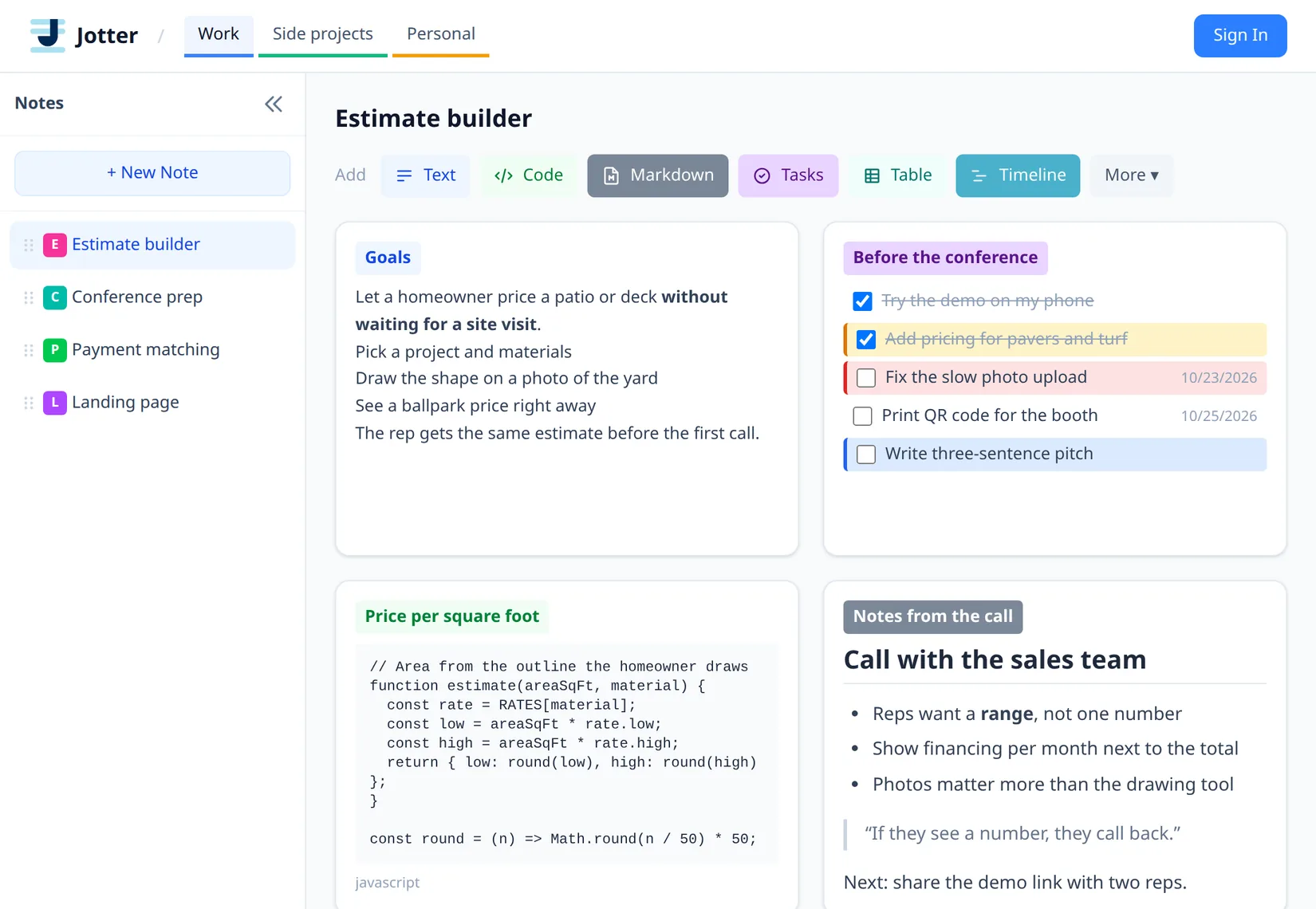 A Jotter notebook with a text note, a checklist, a code snippet and markdown notes