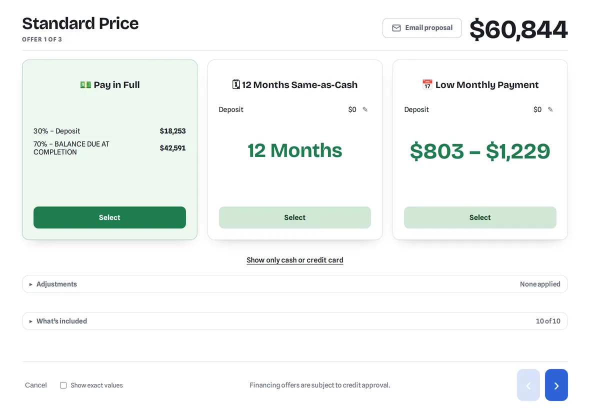 Pocket Showroom on an iPad, showing three payment options for a $60,844 job: pay in full, 12 months same-as-cash, or a low monthly payment